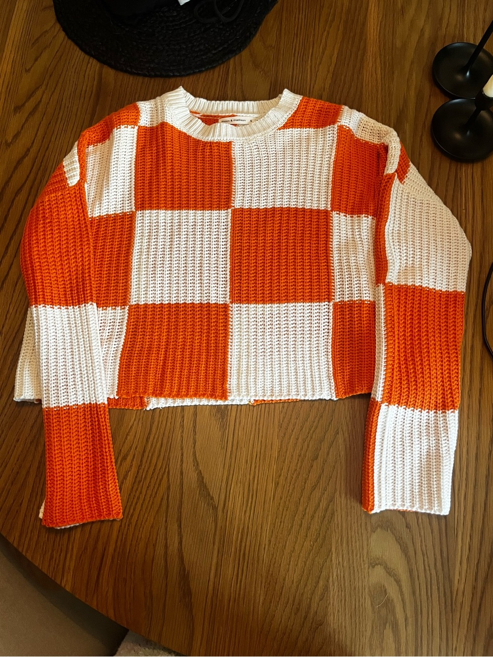 moon & madison Orange and White Cropped Checker Knit Sweater